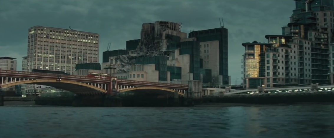 A refresher: this building exploded because of a virus which opened the gas mains. Skyfall is a treatise on the problems of a technological world if ever there was one.
